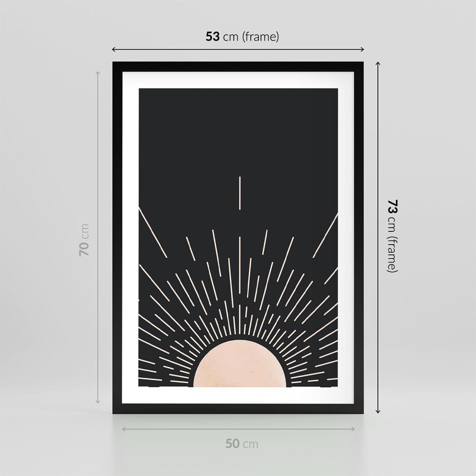 Plakat w ramie 50x70 - Słoneczny Portret Duszy - boho czarne słońce, nowoczesna grafika - rama czarna