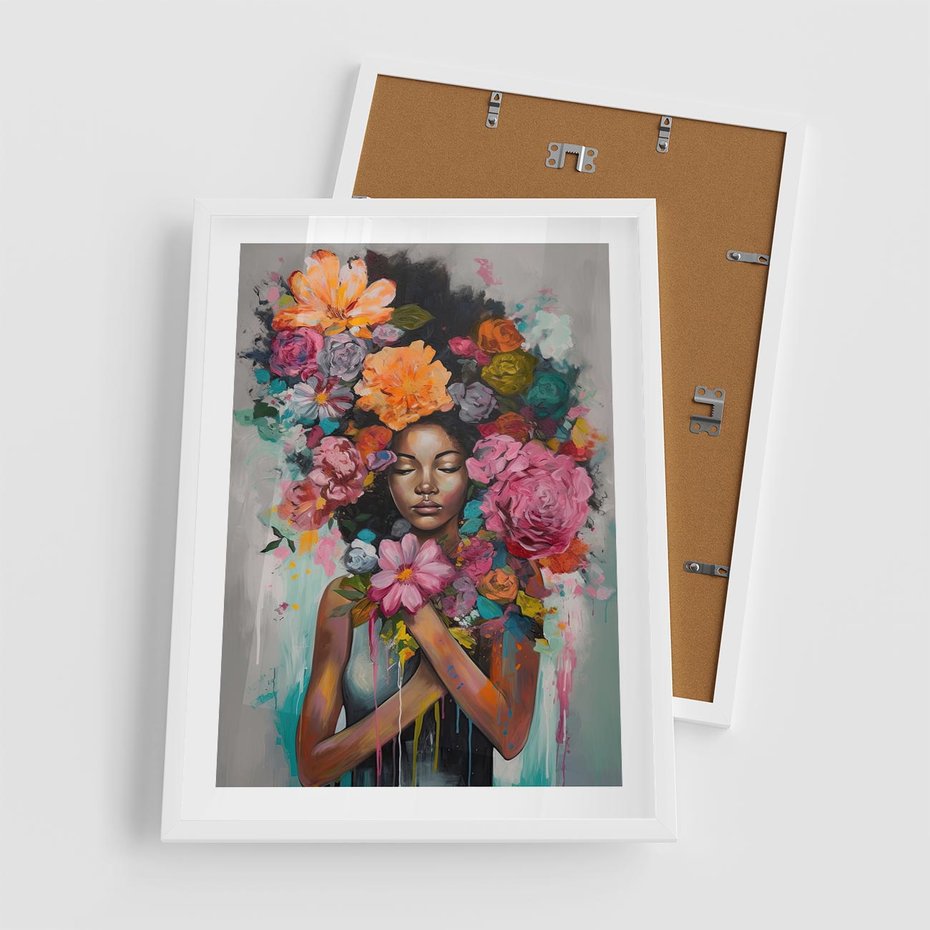 Plakat w ramie 50x70 - Z Głową w Kwiatach - obraz olejny, sztuka nowoczesna - rama biała