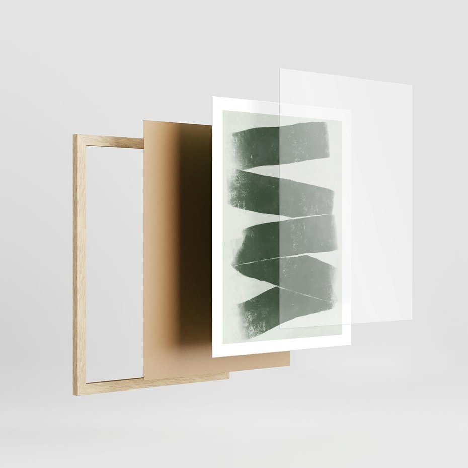 Plakat w ramie 50x70 - Zielone Refleksje - abstrakcja, zgaszony zielony kolor - rama drewno