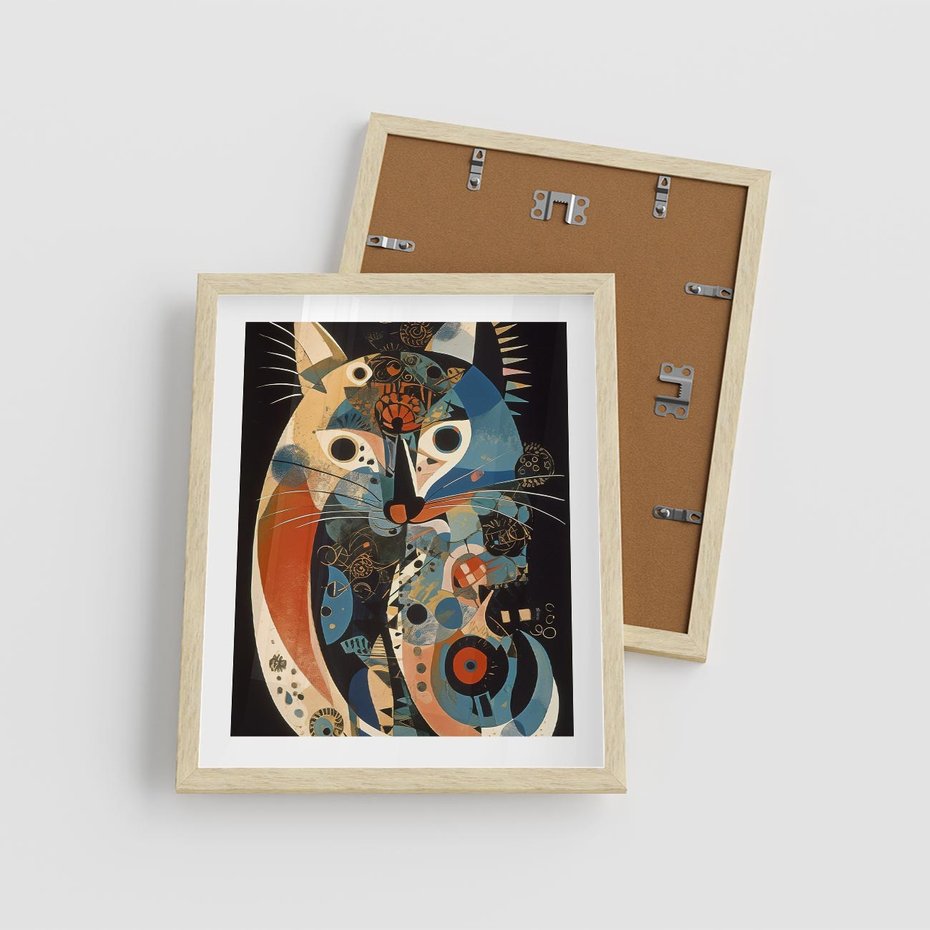 Plakat w ramie 40x50 - Księga Surrealnych Wymiarów - abstrakcyjny obraz olejny, kot - rama drewno