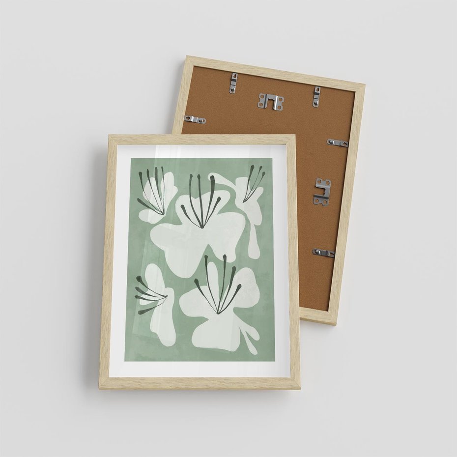 Plakat w ramie 30x40 - Rozkwitające Ukojenie - zgaszona zieleń, kwiaty - rama drewno