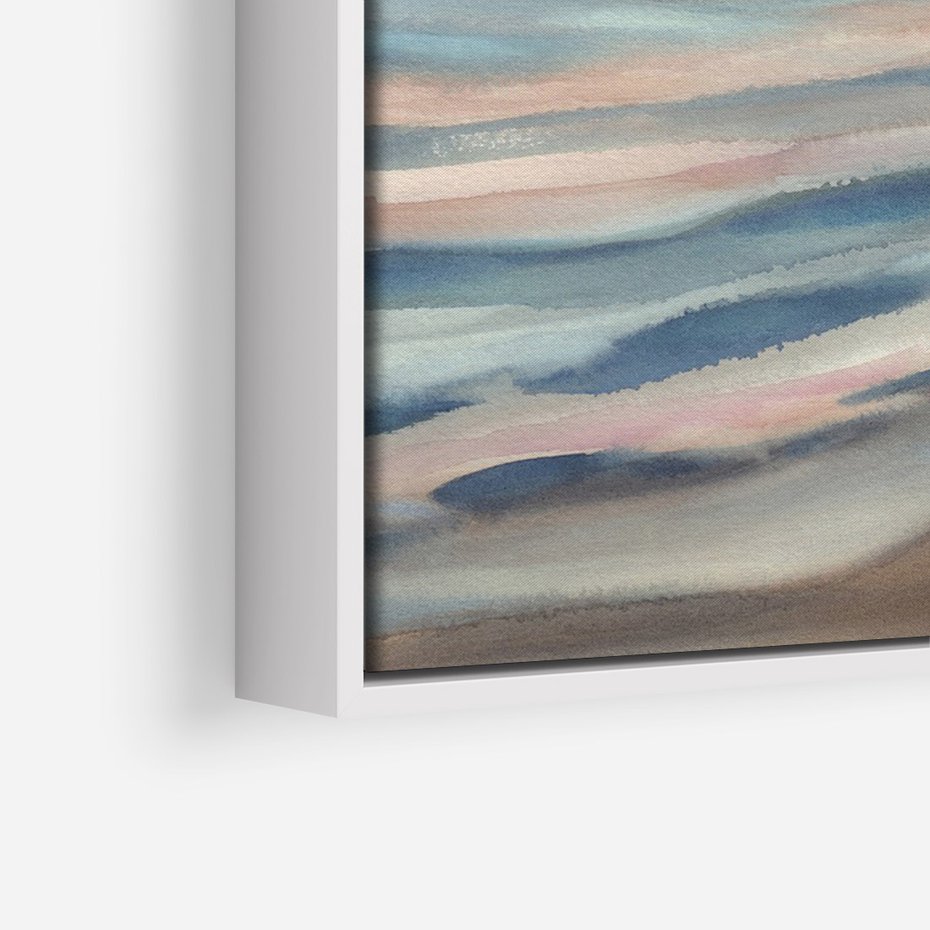 Obraz w ramie 70x100 - Witraże roziskrzonych myśli - akwarela, zamglony wschód słońca - rama biała