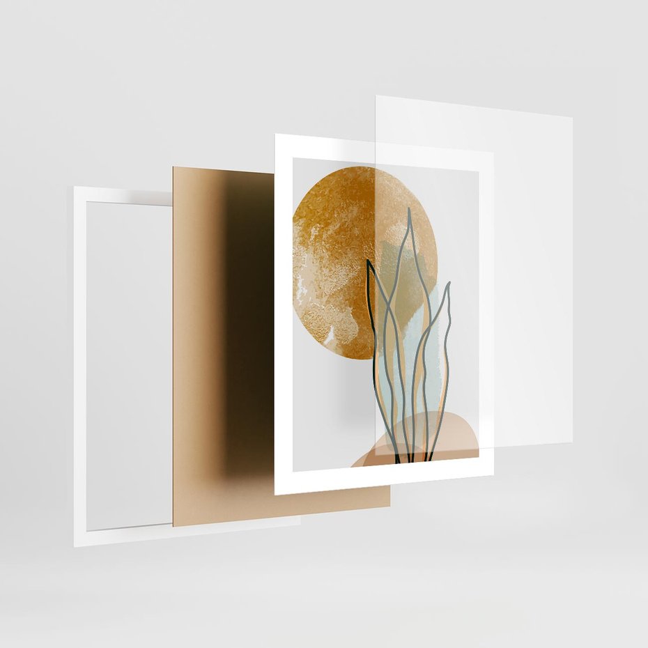 Plakat w ramie 40x50 - Światło Natury: Graficzne Liście i Złote Słońce - grafika, graficzne liście - rama biała