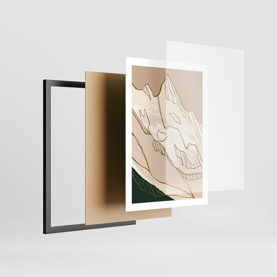 Plakat w ramie 50x70 - Góry w Złocie i Minimalizmie - grafika, złote góry - rama czarna