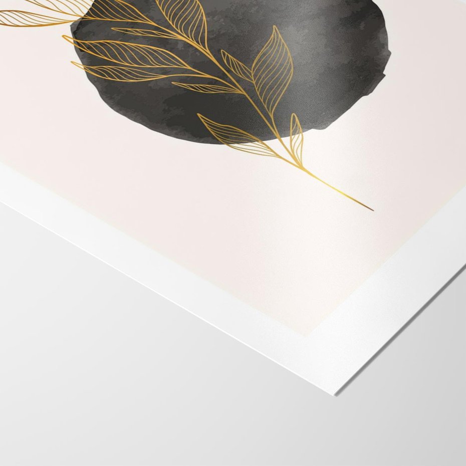Plakat bez ramy 21x30 - Złota Gałązka na Tle Akwarelowej Ciemności - złota gałązka, czarna plama akwarelowa w tle