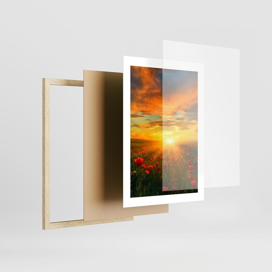 Plakat w ramie 30x40 - Magia zachodu słońca na łące z makami - łąka, zachód słońca - rama drewno