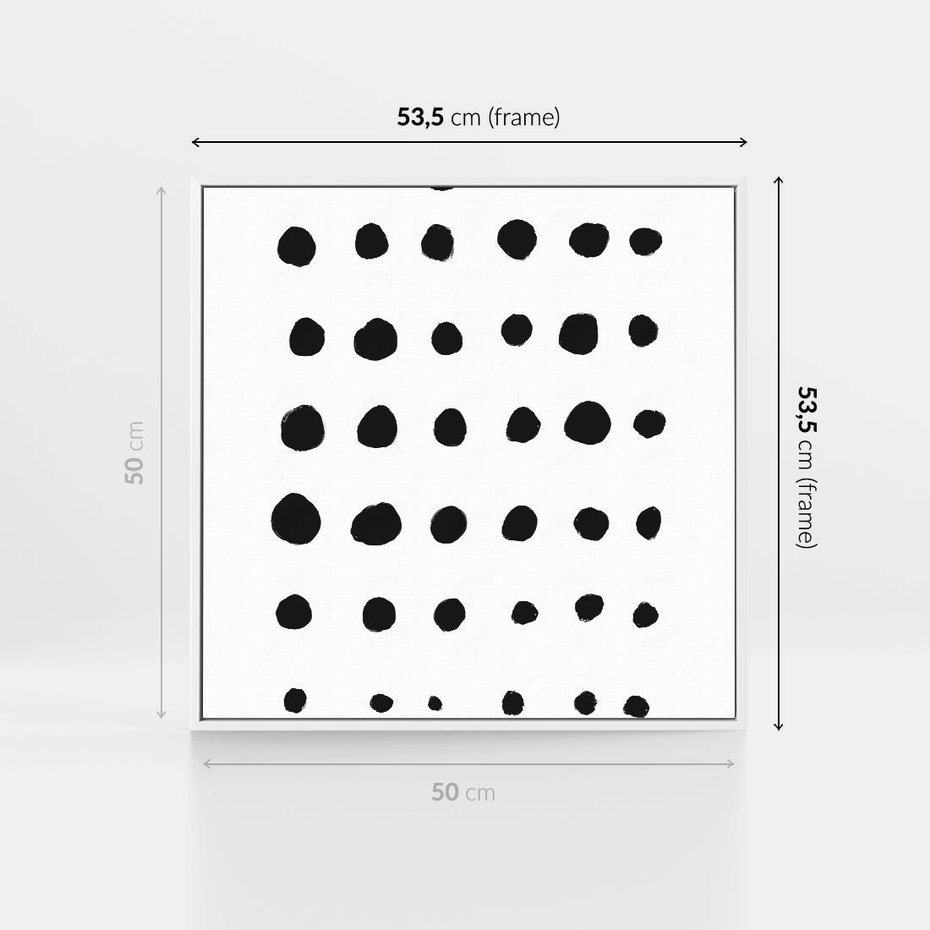 Obraz w ramie 50x50 - Refleksje Światła - minimalistyczna kompozycja, czarne kropkina białym tle - rama biała