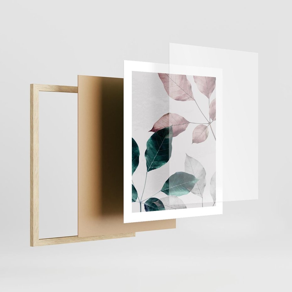 Plakat w ramie 40x50 - Pastelowe Liście w Minimalizmie - pastelowe liście, minimalistyczny obraz - rama drewno