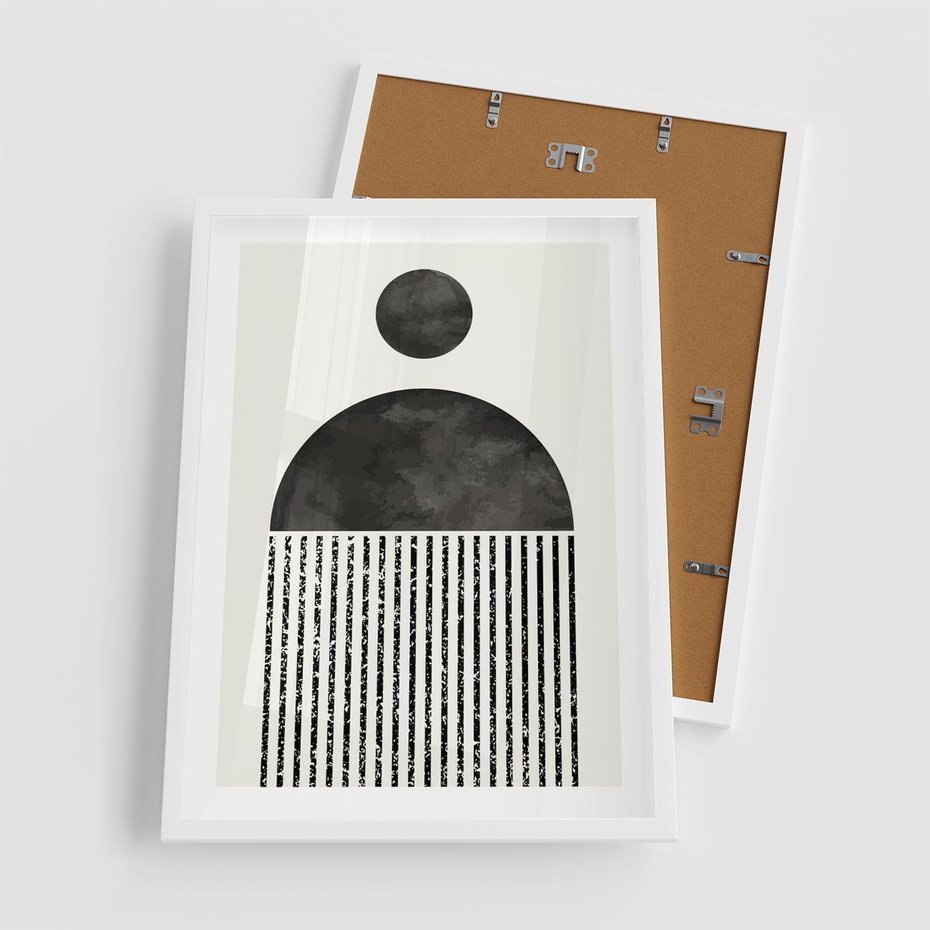 Plakat w ramie 50x70 - Księga Wibracji - abstrakcyjne czarno białe formy, minmalizm - rama biała