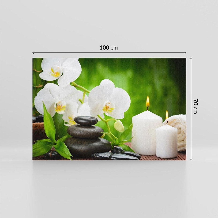 Obraz na płótnie 100x70 - Relaksacyjny SPA: masaż z kamieniami i kwiatami - SPA, masaż