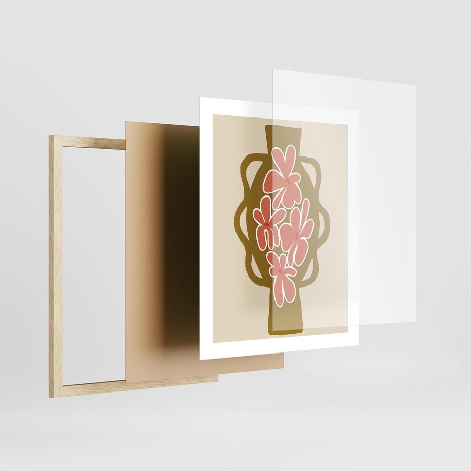 Plakat w ramie 40x50 - Rozbijające Formy - abstrakcyjny plakat, kwiaty na wazonie - rama drewno