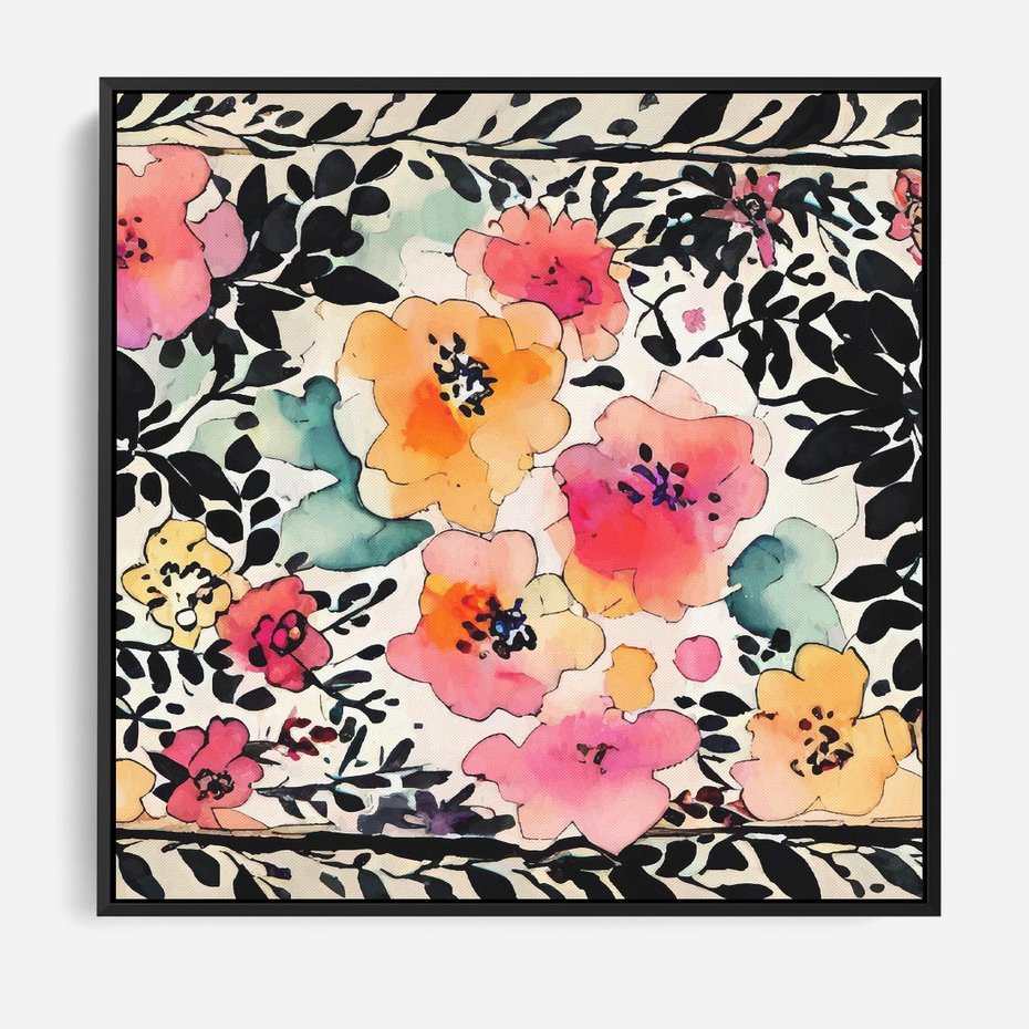 Obraz w ramie 50x50 - Opowieść w kroplach farb - akwarelowe kwiaty, mocna ornamentowa czarna ramka namalowana dookoła obrazu - rama czarna