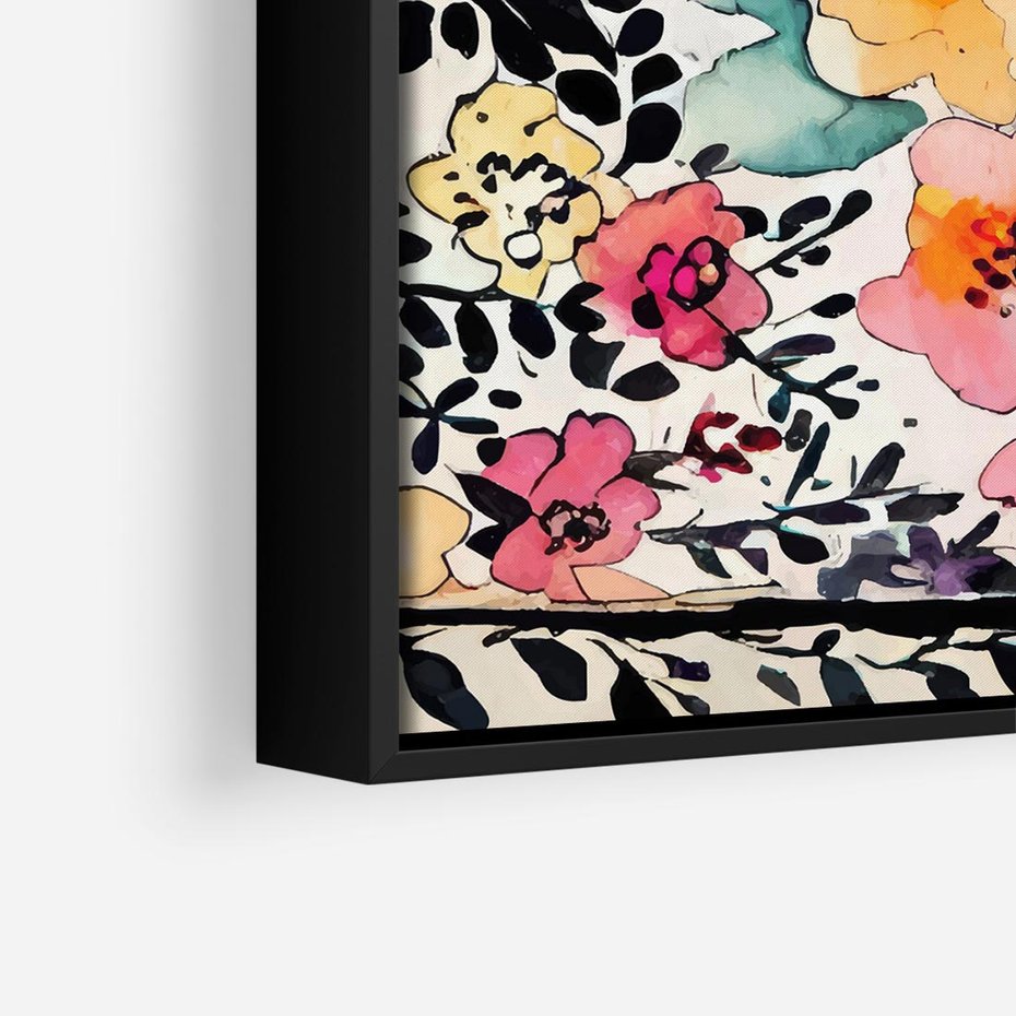Obraz w ramie 50x50 - Opowieść w kroplach farb - akwarelowe kwiaty, mocna ornamentowa czarna ramka namalowana dookoła obrazu - rama czarna