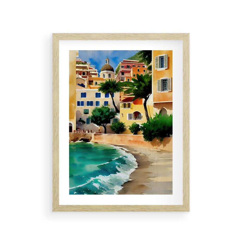 Plakat w ramie 30x40 - Zamieszkajmy Tu - akwarela, śródziemnomorski klimat - rama drewno