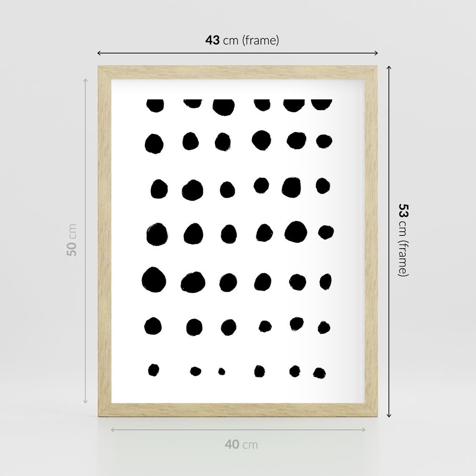 Plakat w ramie 40x50 - Migocące Anomalie - abstrakcyjna kompozycja z czarnych kropek, minimalistyczny czarno bialy plakat - rama drewno