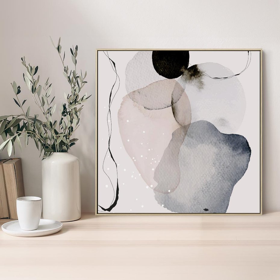 Obraz w ramie 80x80 - Migocące Barwy - abstrakcyjne plamy akwarelowe, czarny szkic - rama drewno