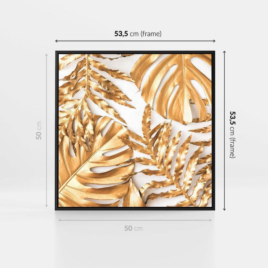 Obraz w ramie 50x50 - Monstera Złote Liście - monstera, złote - rama czarna