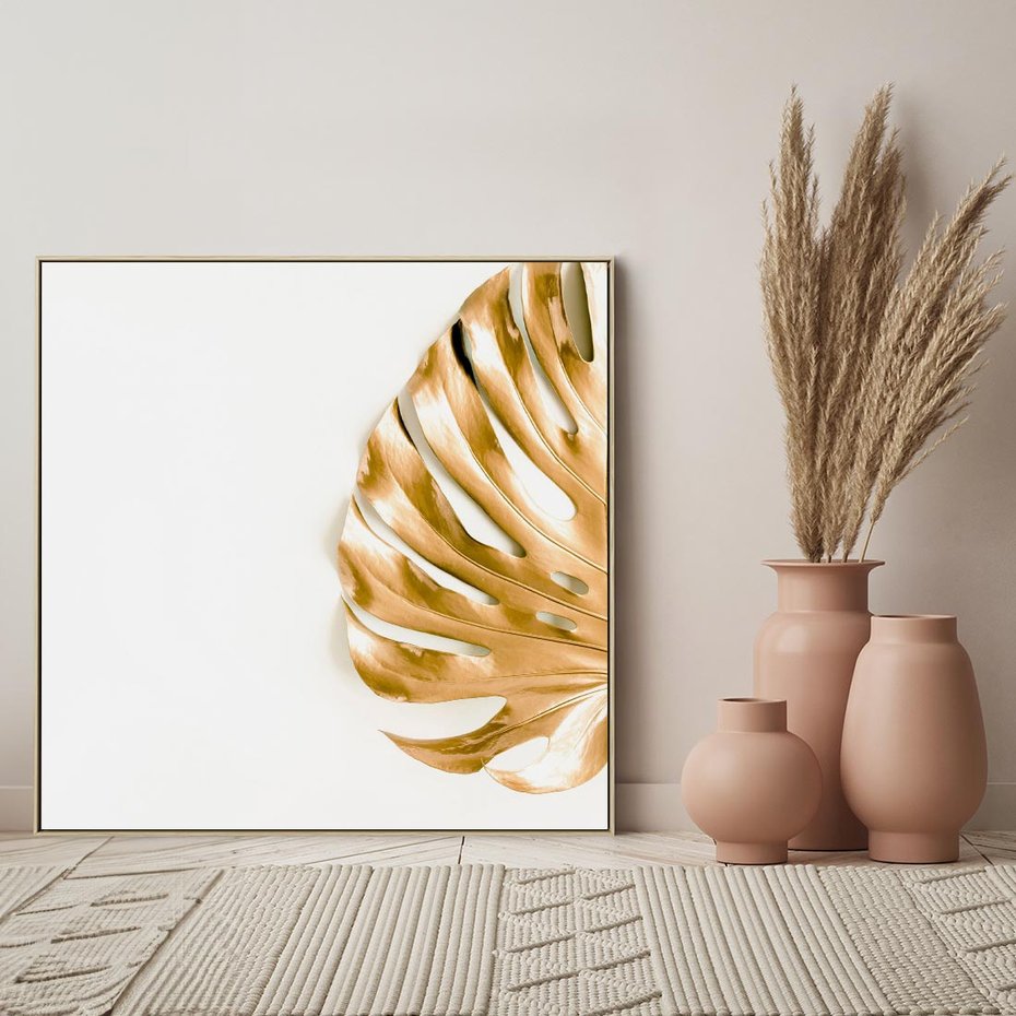 Obraz w ramie 80x80 - Przyjemność dla Oczu - złote, liście - rama drewno