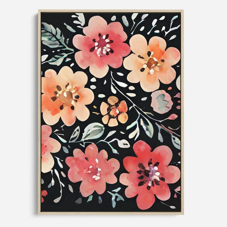 Obraz w ramie 70x100 - Labirynty melancholii - akwarelowe, pastelowe kwiaty na czarnym tle - rama drewno