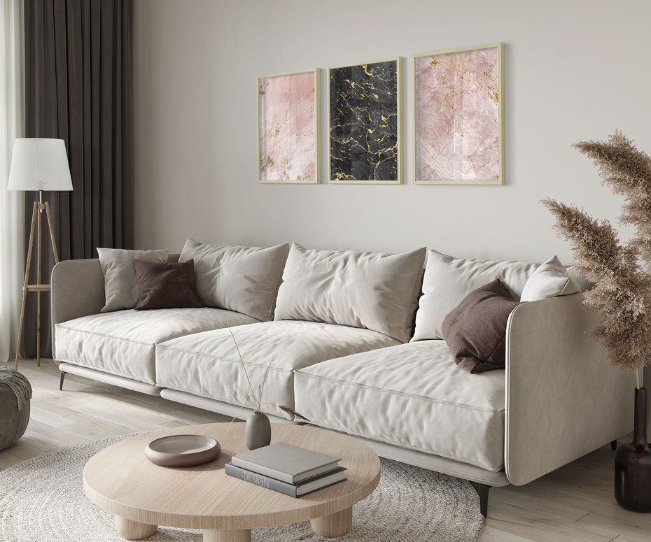 Zestaw obrazy w ramie 30x40 galeria - Marmur, złoto, róż, czerń - rama drewno