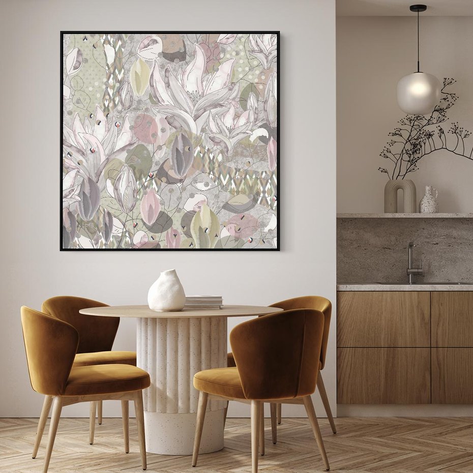 Obraz w ramie 50x50 - Pejzaże zatajonej duszy - połączenie tekstur, roślinne motywy - rama czarna