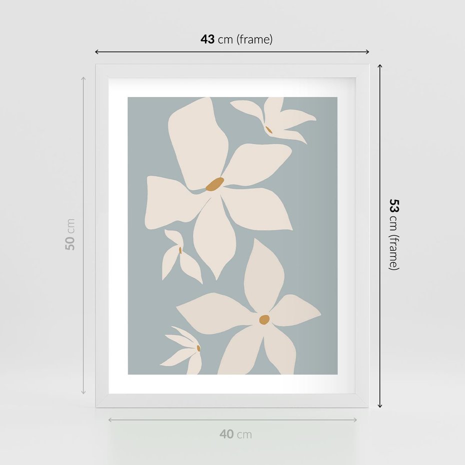 Plakat w ramie 40x50 - Błękit Kwiatów - kwiaty, nowoczesne i minimalistyczne - rama biała