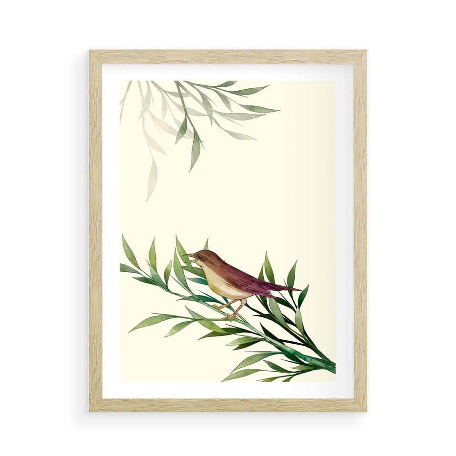 Plakat w ramie 50x70 - Roślinne Nastroje - japońska sztuka, ptak - rama drewno