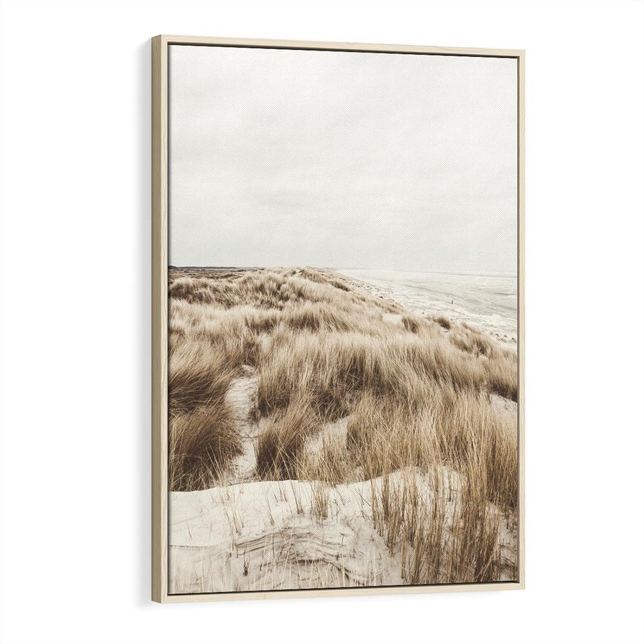 Obraz w ramie 80x120 - Nadmorskie Wydmy - fotografia, kolory sepii - rama drewno