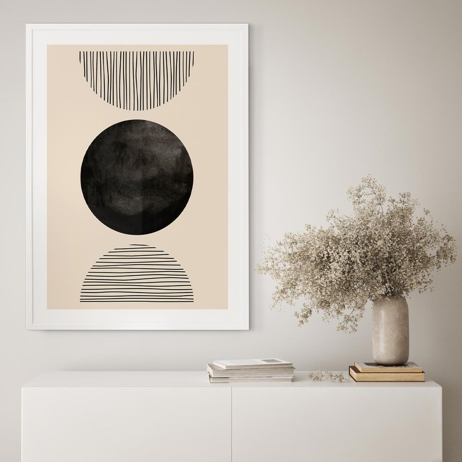 Plakat bez ramy 21x30 - Minimalizm w Kształtach - geometryczny graficzny obraz, czarne koło