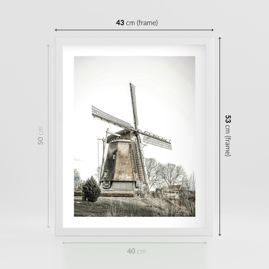 Plakat w ramie 40x50 - Wiejska Idylla z Młynem - wiatrak, młyn - rama biała
