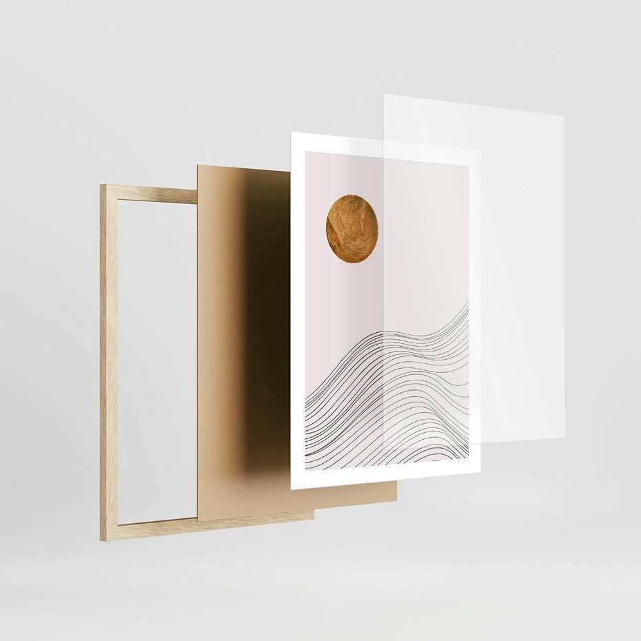 Plakat w ramie 50x70 - Minimalistyczne Słońce: Blask i Złoto - grafika, minimalizm - rama drewno