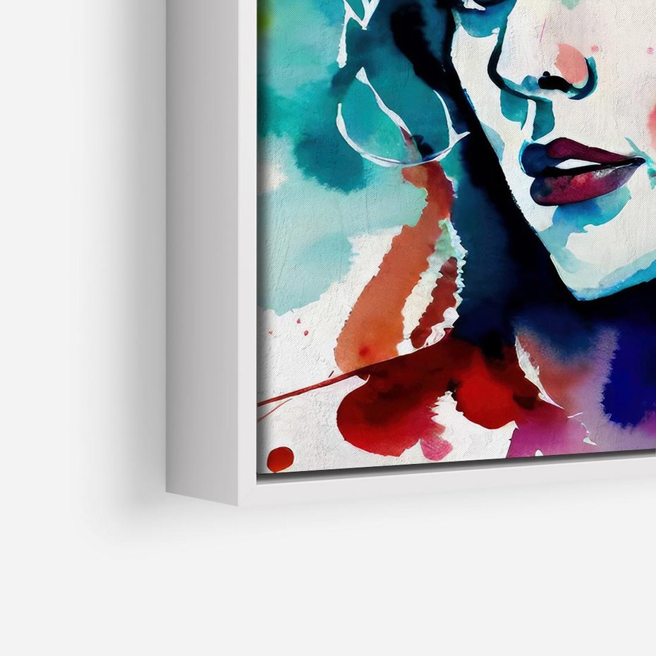 Obraz w ramie 50x50 - Abstrakcyjna ekstaza barw - abstrakcyjny portret kobiety, szkic czarną kreską - rama biała