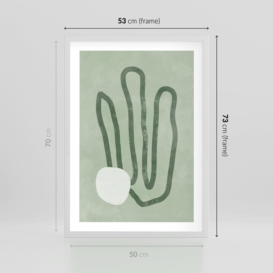 Plakat w ramie 50x70 - Spokojne Kształty Natury - zielona abstrakcja, zgaszona zieleń - rama biała