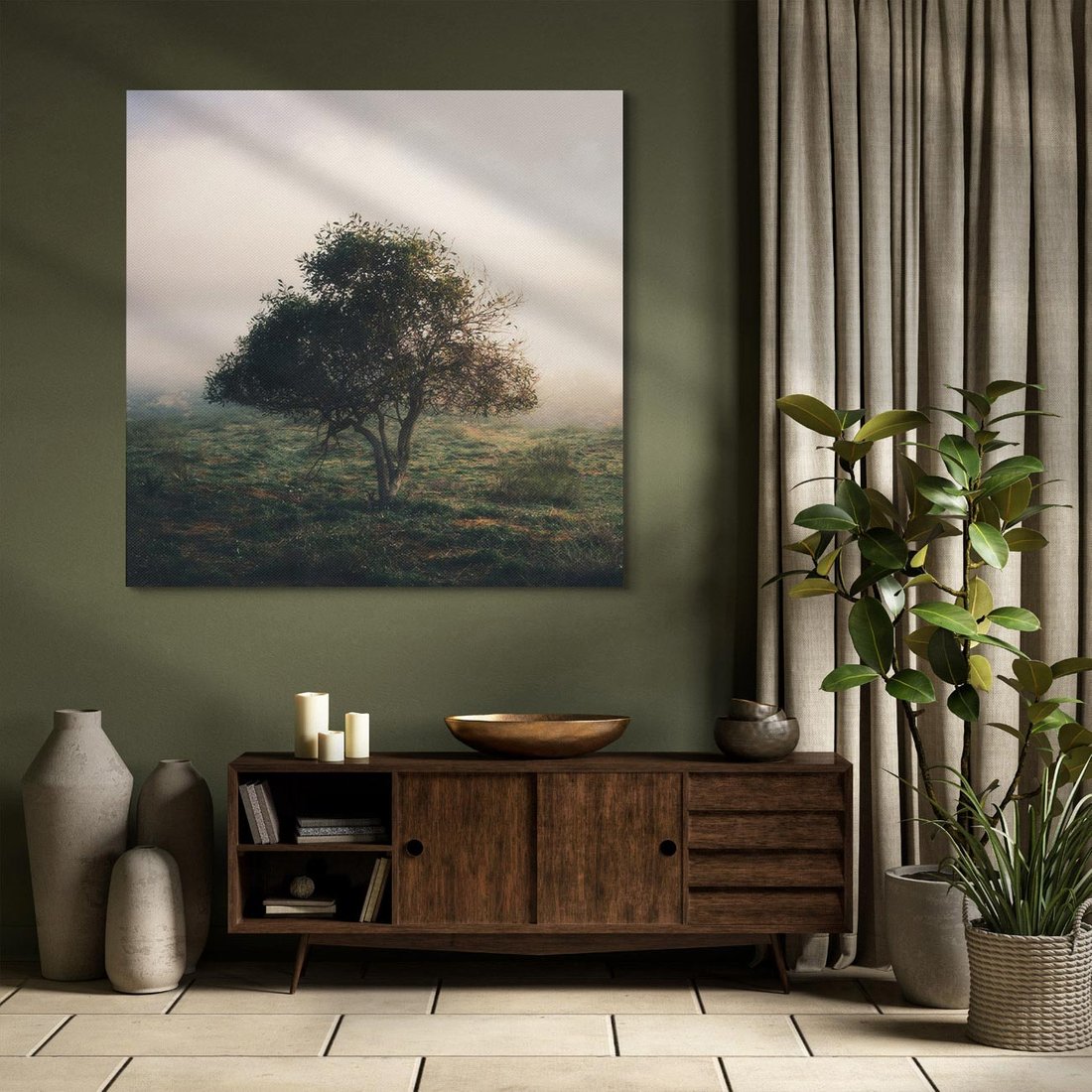 Obraz na płótnie 50x50 - Zamglona Prostota - artystyczna fotografia, samotne drzewo na zamglonej łące