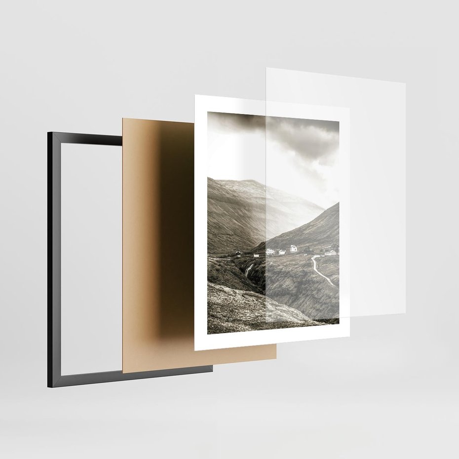 Plakat w ramie 40x50 - Domki w Górach - czarno biała fotografia, górski pejzaż - rama czarna