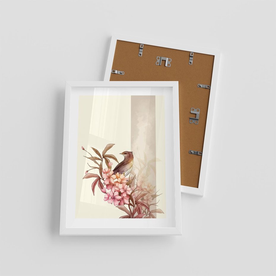 Plakat w ramie 30x40 - Kwiatowe Zanurzenie - japońska sztuka, ptak - rama biała