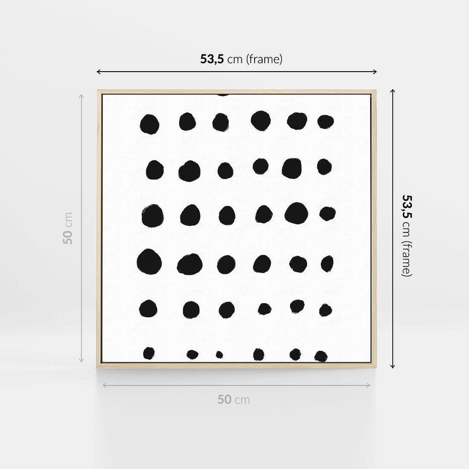 Obraz w ramie 50x50 - Refleksje Światła - minimalistyczna kompozycja, czarne kropkina białym tle - rama drewno
