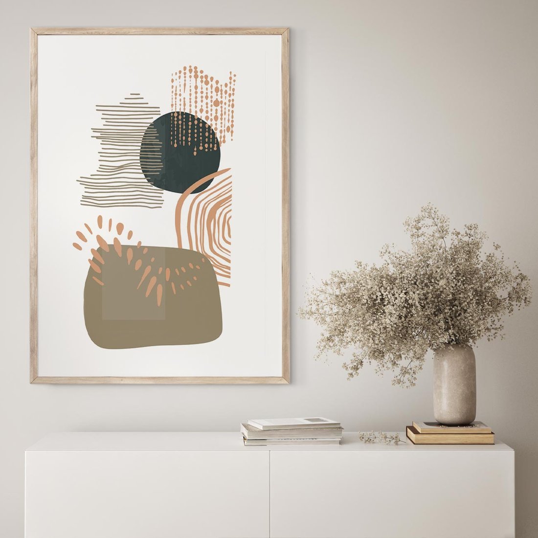 Plakat w ramie 50x70 - Taniec Plam - abstrakcyjna kompozycja z kropek kresek i kółek, odcienie brązu i beżu - rama drewno