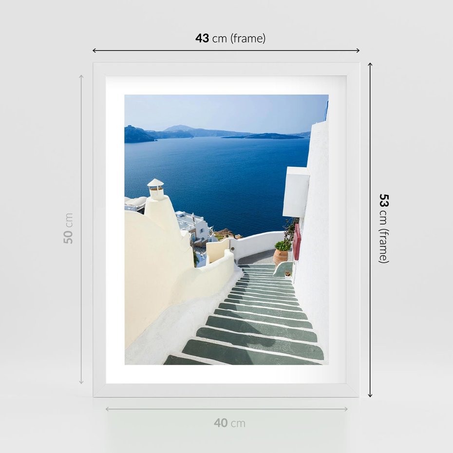 Plakat w ramie 40x50 - Malowniczy urok wyspy - Santorini, schodki - rama biała