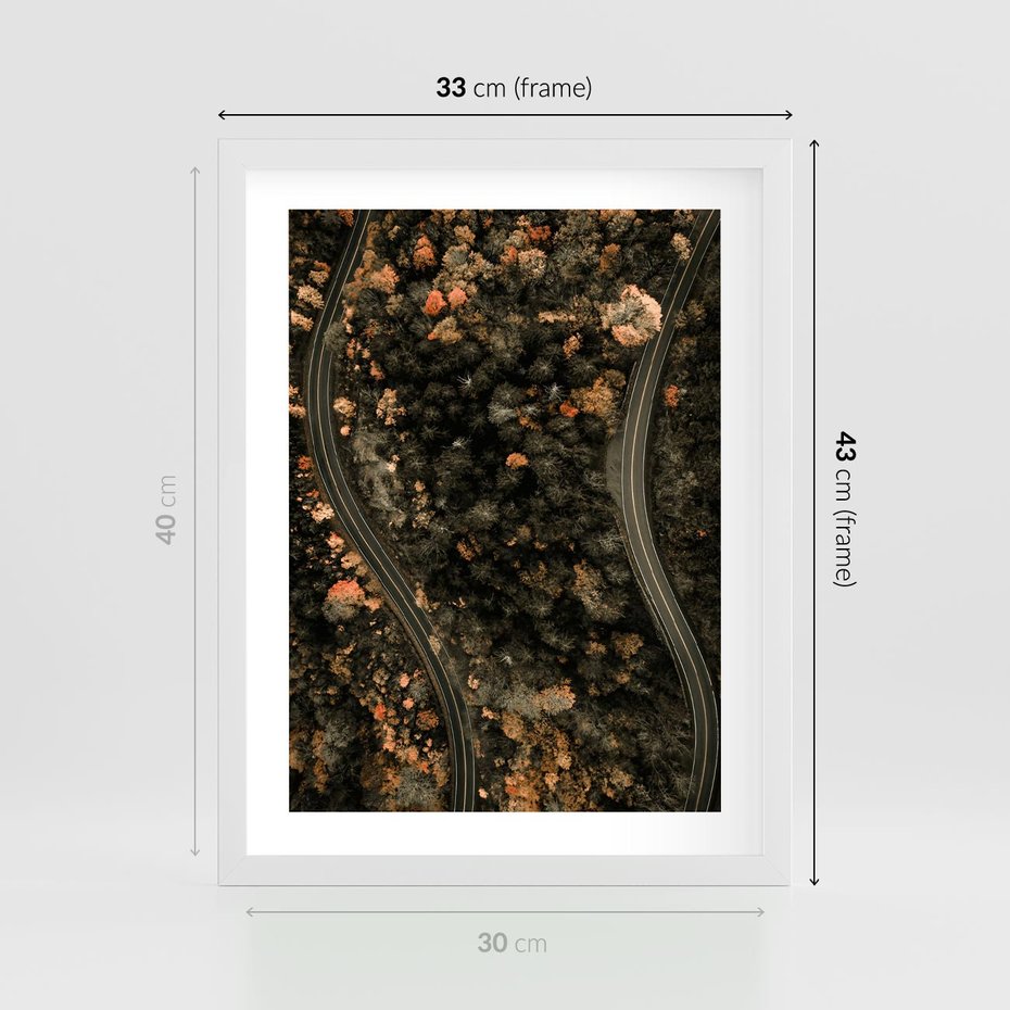 Plakat w ramie 30x40 - Las i Droga w Kolorach Jesieni - droga, ujęcie z góry - rama biała