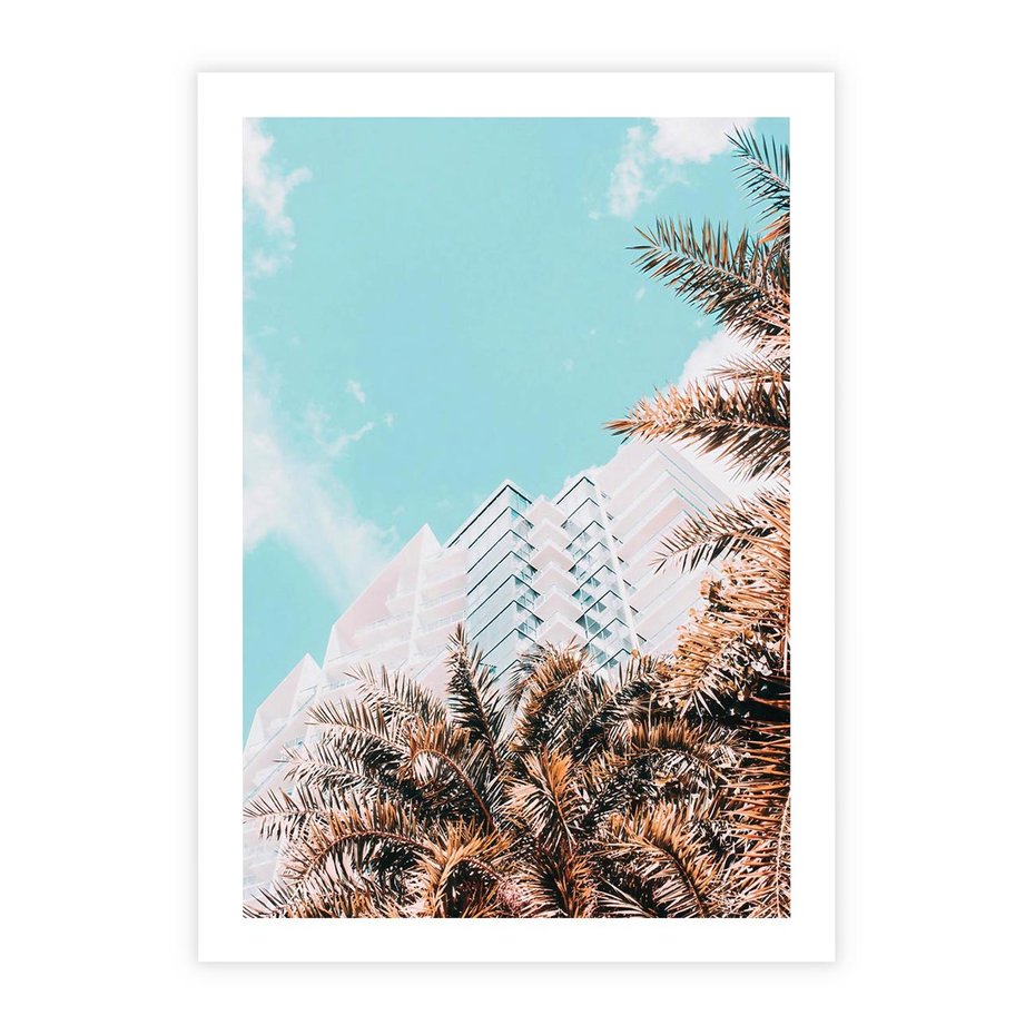 Plakat bez ramy 50x70 - Wakacyjny Raj - palmy, wysokie budynki