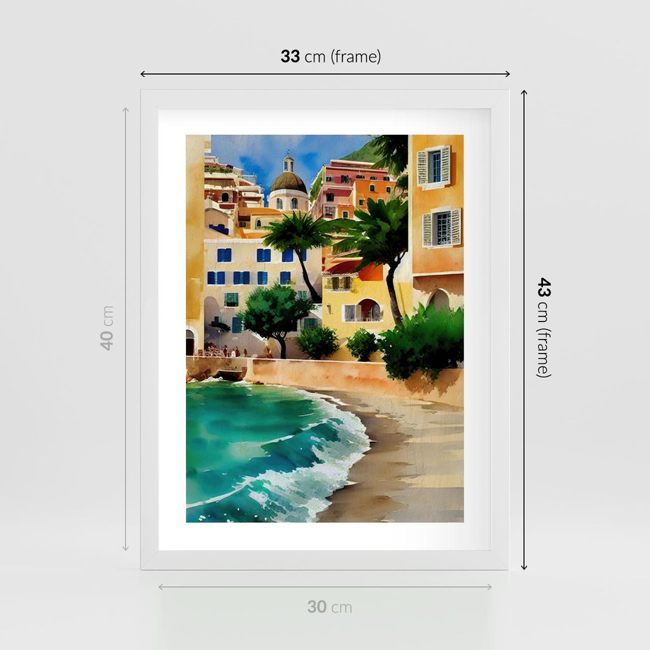 Plakat w ramie 30x40 - Zamieszkajmy Tu - akwarela, śródziemnomorski klimat - rama biała