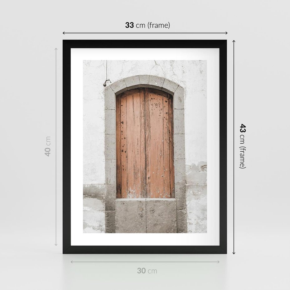 Plakat w ramie 30x40 - Śródziemnomorskie Drzwi Czasu - fotografia starych drzwi, śródziemnomorska architektura - rama czarna