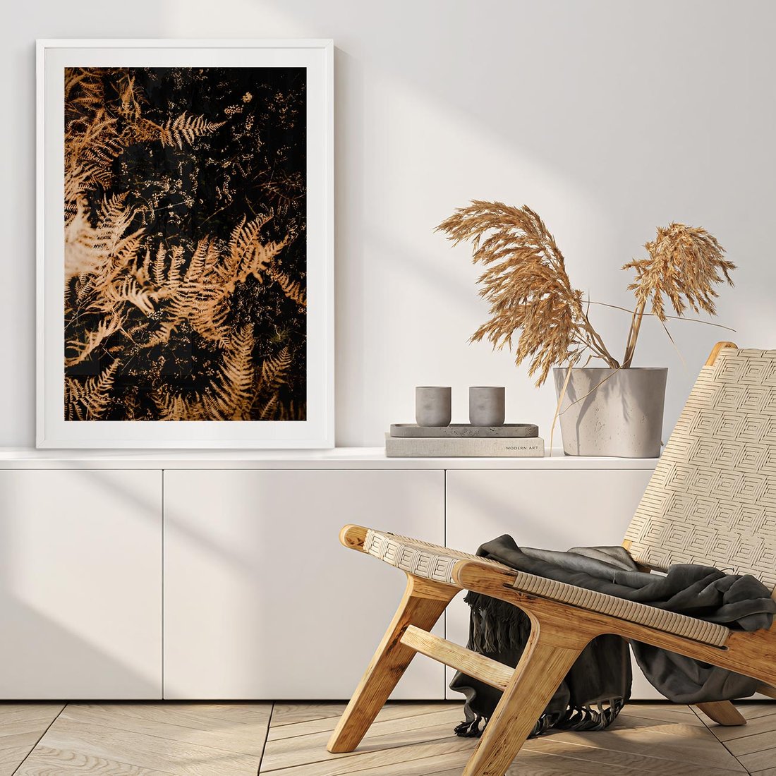 Plakat w ramie 50x70 - Jesienne Paprocie: Kolorowa Paleta Natury - paprocie, jesień - rama biała