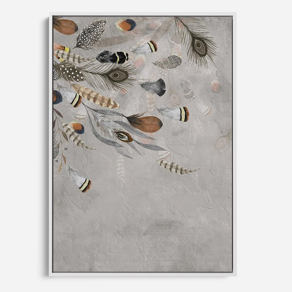 Obraz w ramie 80x120 - Sploty losu na płótnie - kompozycja boho piór, indiańskie pióra - rama biała