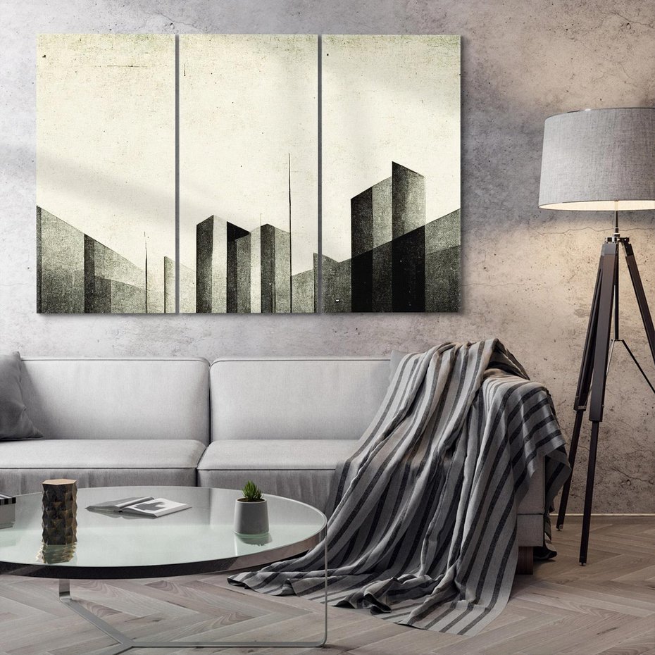 Obraz na płótnie 120x80 - Mroczne Wieżowce - postarzana grafika, perspektywa budynków wieżowców