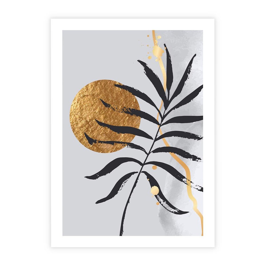 Plakat bez ramy 21x30 - Grafika z Czarnym Liściem Palmy - czarny liść palmy, złóte kołó