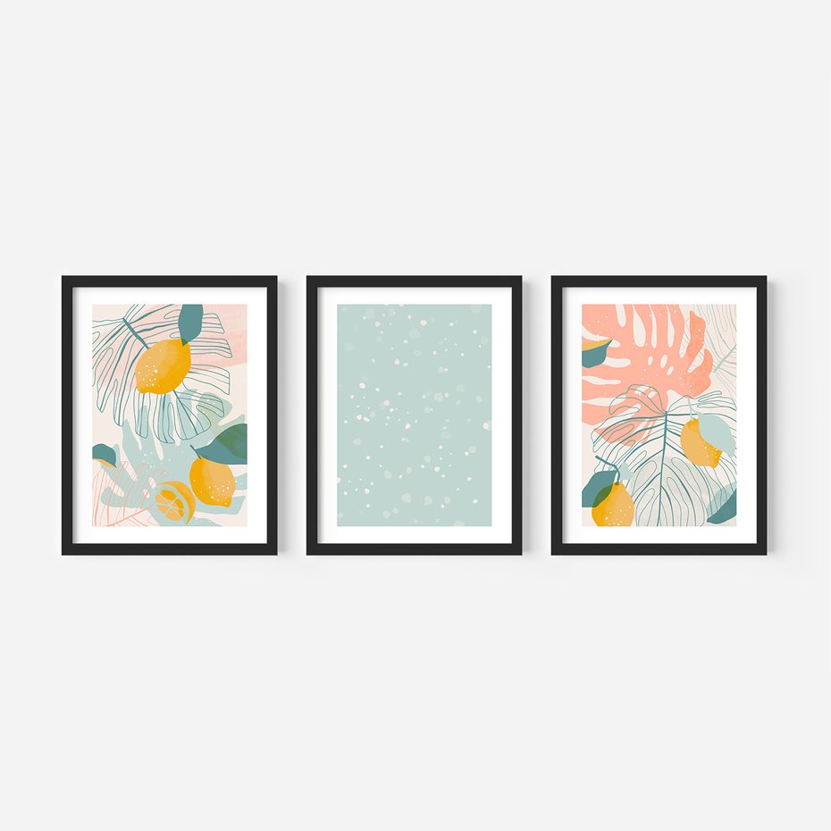 Zestaw obrazy w ramie 50x70 galeria - Monstera, liście, pastelowe, nowoczesne - rama czarna