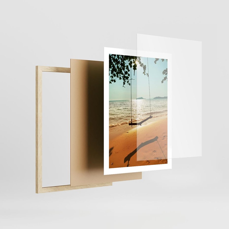 Plakat w ramie 50x70 - Tropikalna plaża i huśtawka - plaża, tropiki - rama drewno