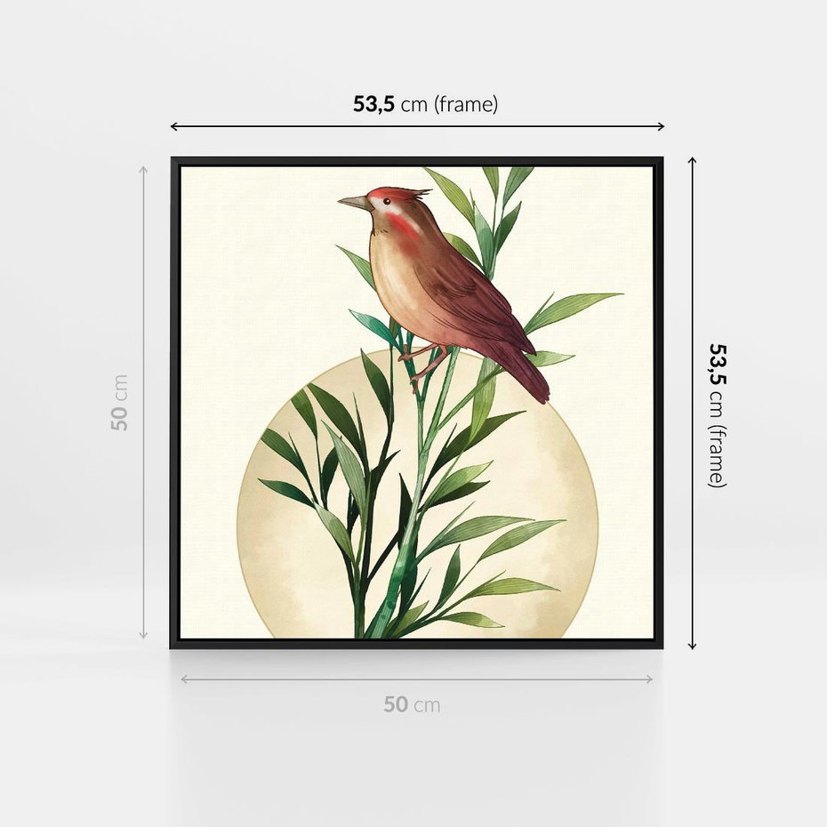 Obraz w ramie 50x50 - Rozkwitająca Delikatność - japońska sztuka, ptak - rama czarna